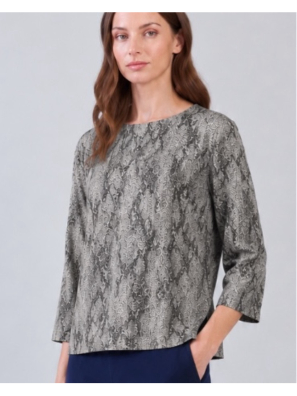 Clara Sunwoo Gray Dark Navy Top, L, Snake Print Minimal